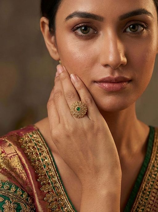 Niscka 24K Gold Plated Antique Green Stone Round Ring