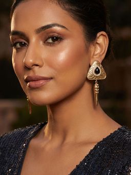 Niscka - 18K Gold Plated Black Water Drop Dangler Earrings with White Cz Stones