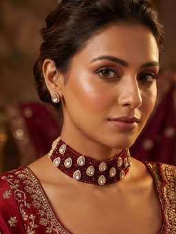 Niscka - Multilayer Red Stone and White Kundan Necklace with Kundan Stud Earrings