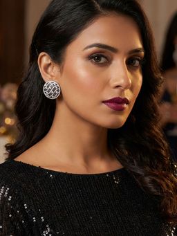 Niscka - Rhodium Plated Big Round Stud Earrings with White and Black American Diamonds