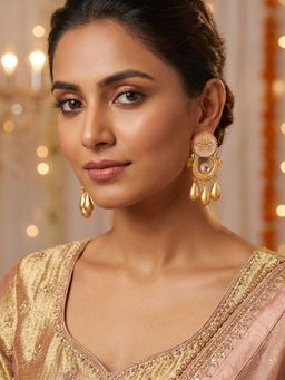 Niscka - 24K Matte Gold Plated Orange and White Chandbali Earrings with Kundan