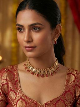 Niscka - 24K Gold Plated Lakshmi Coin Meenakari Necklace and Stud Earrings Set