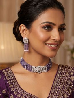 Niscka - Rhodium American Diamond Choker with Multi Layer Purple Stone Necklace Earrings