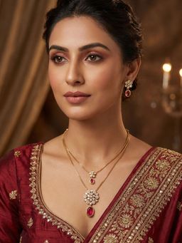 Niscka - Double Layered Gold Plated Necklace with Floral Pendant and Earrings