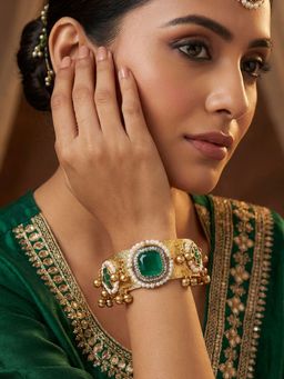 Niscka - Matte Gold Plated Lotus Kada Bracelet with Green and White Cz Stones