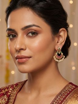 Niscka - 24K Gold Plated Pink, Green and White Stone Chandbali Earrings with Faux Pearls