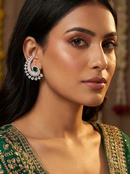 Niscka - Rhodium Plated White and Green American Diamond Ear Cuff Earrings