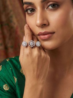 Niscka - Rhodium Plated White American Diamond Two Finger Statement Ring