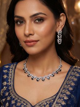 Niscka - Rhodium Plated Wave Design Necklace with Black Meenakari and Matching Long Earrings