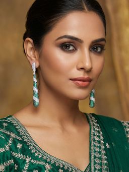 Niscka - Long Rhodium Plated White and Green American Diamond Earrings