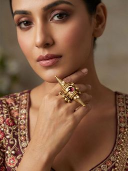 Niscka - Gold Plated Fishcut Red Stone Cocktail Ring with White Pearls