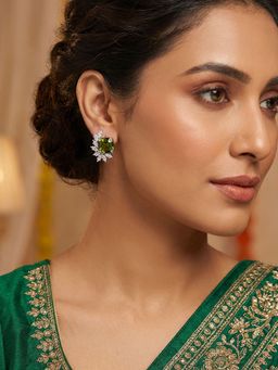 Niscka - Rhodium Plated Green and White American Diamond Earrings