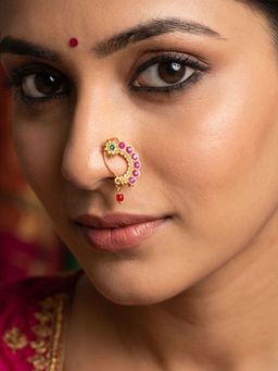 Niscka - 24K Gold Plated Nath with Pink and Green Stones