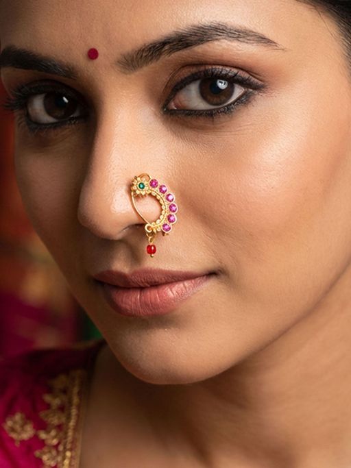 Niscka 24K Gold Plated Nath with Pink and Green Stones