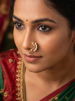 Niscka - 24K Gold Plated Pink and Green Peacock Nath and Faux Pearls