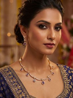 Niscka - 24K Gold Plated White and Purple American Diamond Necklace and Earrings Set