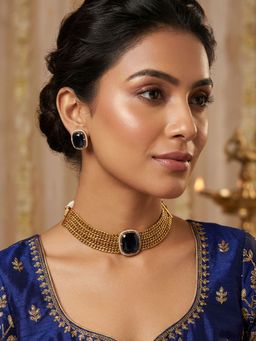 Niscka - 24K Gold Plated Multilayer Choker Necklace with Cz Pendant and Stud Earrings