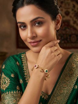 Niscka - Matte Gold Plated Floral Kada Bangle with Multicolor Stones and Ghungroos