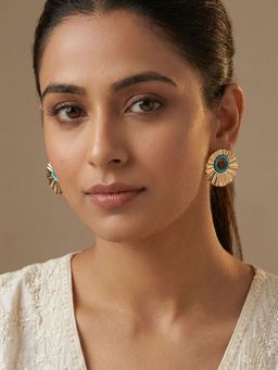 Niscka - Gold Plated Round Earrings with Blue Beads