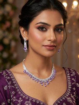 Niscka - Silver Plated Necklace Set with American Diamond Stones and Earrings