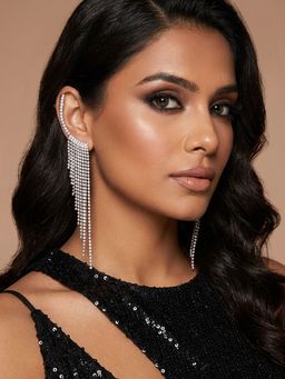 Niscka - Long White Cz Studded Rhinestone Earrings