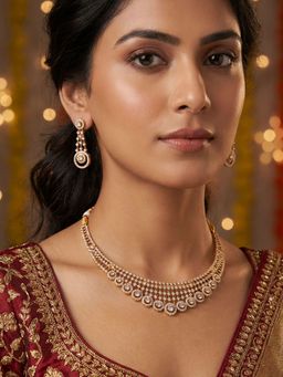 Niscka - 24K Gold Plated White American Diamond Necklace with Earrings