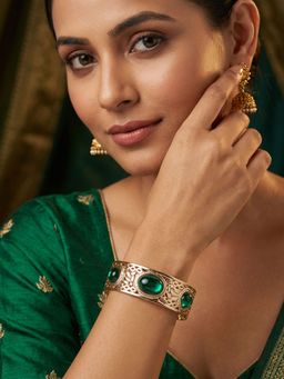 Niscka - Gold Plated Adjustable Kada Bangle with Green Stones