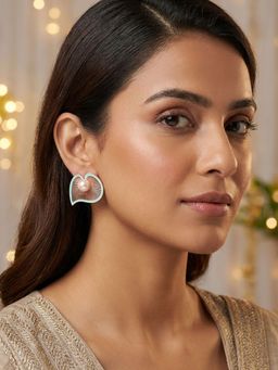 Niscka - Gold Plated Green Leaf Earrings with Faux Pearl