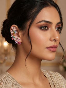 Niscka - Matte Gold Plated Floral Design Earcuff Earrings with Multicolor Stones