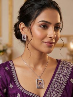 Niscka - Rhodium Plated Necklace with White and Purple American Diamond Pendant and Earrings