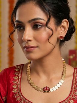 Niscka - Gold Plated Lakshmi Coin Necklace with Lotus Pendant and Matching Meenakari Earrings