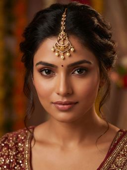 Niscka - Gold Plated White Green and Red CZ Stones Maang Tika