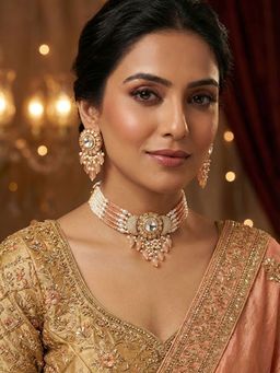 Niscka - Multilayered Chain Peach Beads and Kundan Choker Necklace Set with Earrings