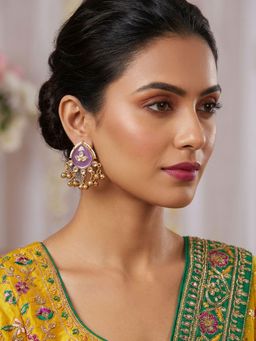 Niscka - 24K Antique Gold Plated Earrings with Purple Stone, White Kundan, and Ghungroos