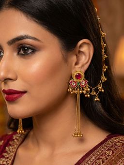 Niscka - Matte Gold Plated Kundan and Ruby Kashmiri Earrings with Ear Chain