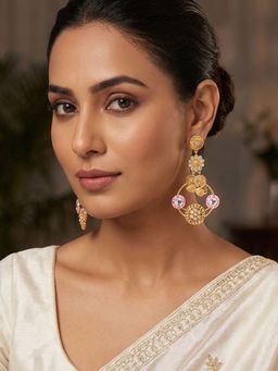 Niscka - Matte Gold Plated Peacock Earrings with White Kundan and Pink Stones