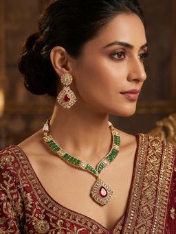 Niscka - 24K Gold Plated Red, Green and White Cz Stones Necklace Set with Earrings