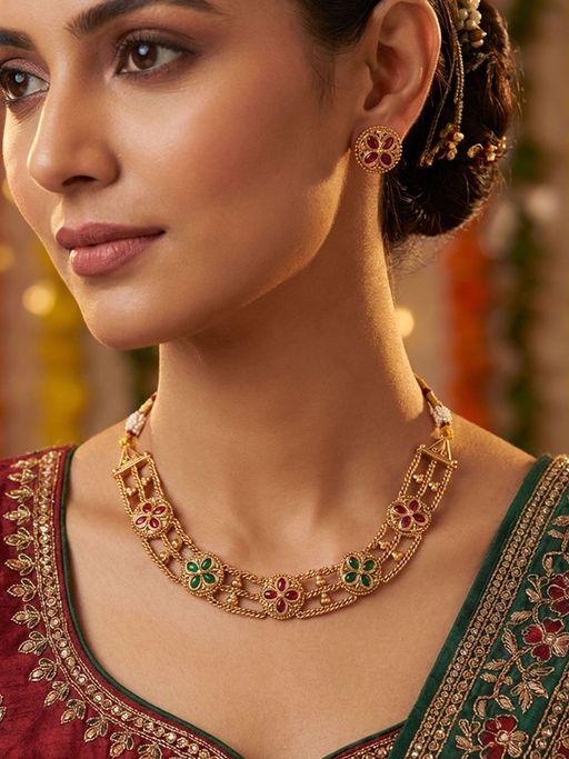 Niscka 24K Gold Plated Triple Layered Choker Necklace with Stud Earrings