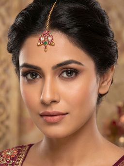 Niscka - Gold Plated Maang Tika with Red and Green Stones and White Kundan