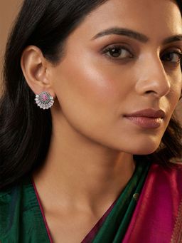 Niscka - Rhodium Plated Red and Green American Diamond Earrings