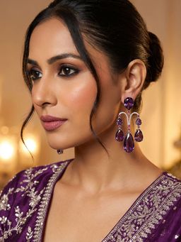 Niscka - Rhodium Plated Purple American Diamond Statement Earrings