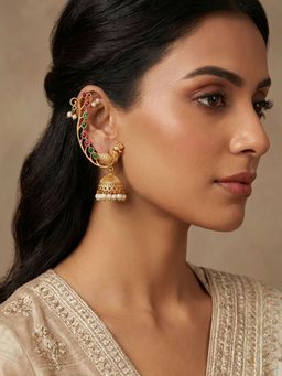 Niscka - Matte Gold Plated Peacock Ear Cuff Jhumka Earrings