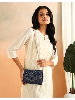 Fabindia - Navy Blue Embroidered Clutch Bag with Detachable Strap (M)