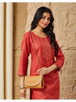 Fabindia - Mustard Embroidered Clutch Bag with Detachable Strap (S)