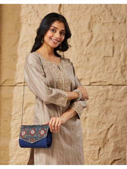 Fabindia - Blue Embroidered Clutch Bag with Detachable Strap (M)