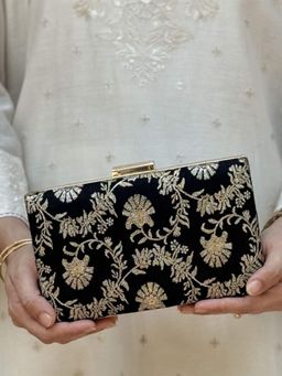AMYRA - Black Bodhi Embroidered Sleek Clutch Bag