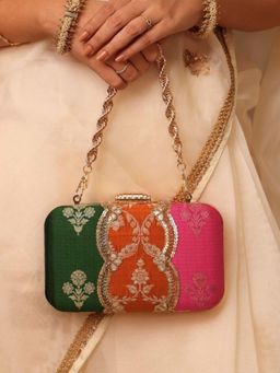AMYRA - Multi-Color Bahaar Scallop Embellished Pure Silk Box Clutch Bag