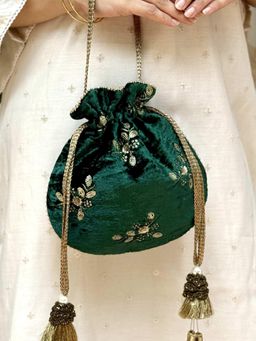 AMYRA - Green Ras Velvet Embroidered Potli Bag