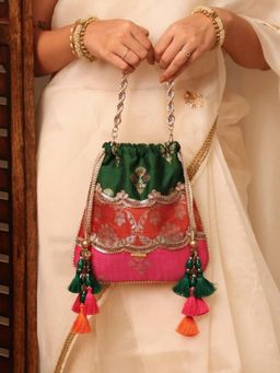 AMYRA - Multi-Color Bahaar Scallop Embellished Pure Silk Potli Bag