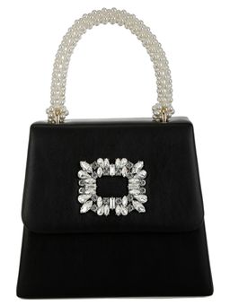 London Rag - Black Pearl Top Handle Diamante Brooch Bag with Sling Strap